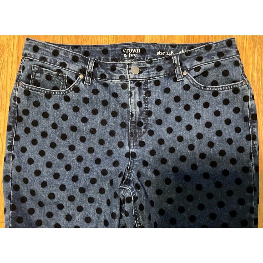 Women's Crown & Ivy Size 14R Skinny Denim Jeans with Black Velvet Raised Circles - Picture 6 of 10